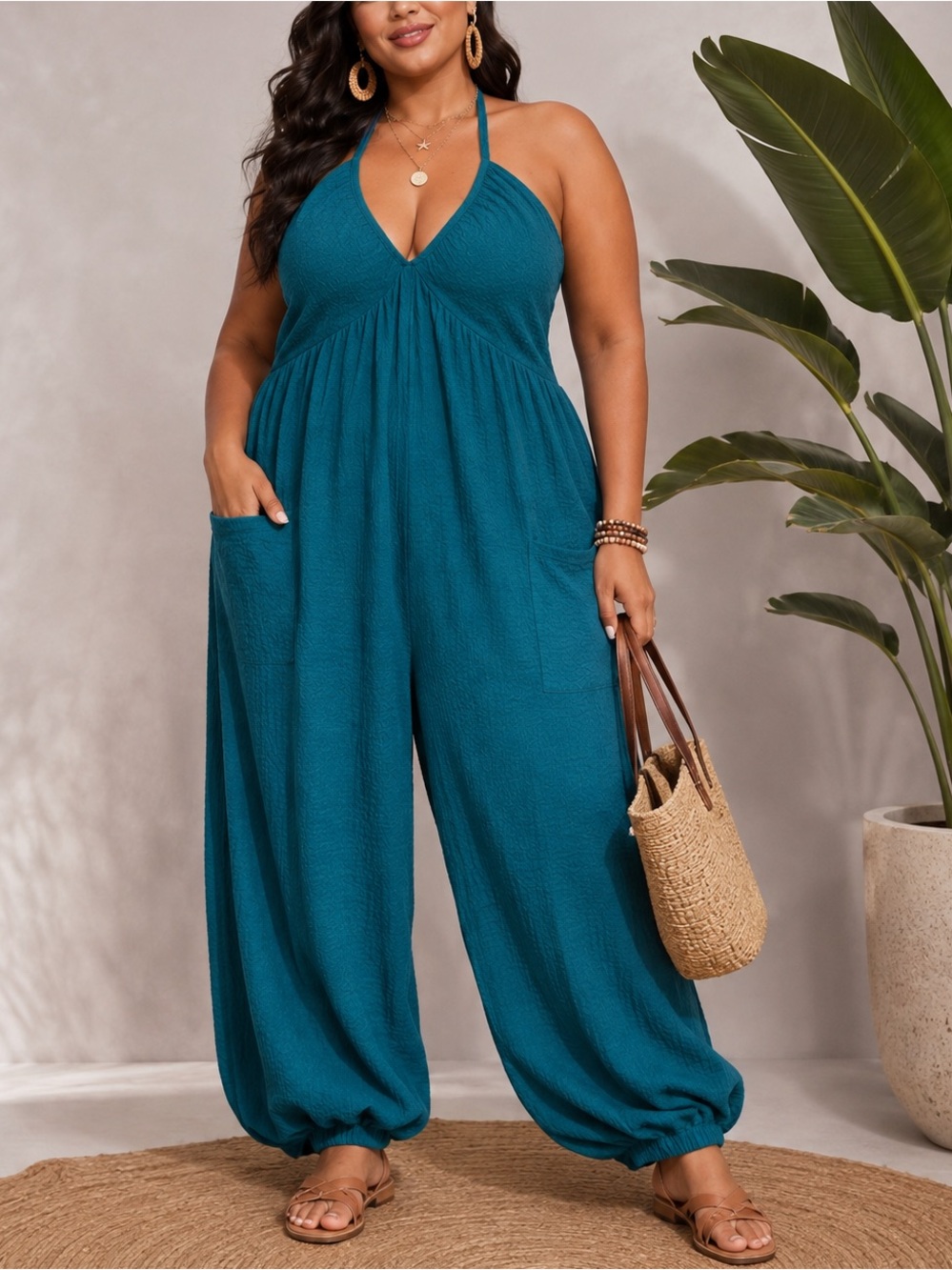 Plus Size Teal Halter Jumpsuit with Pockets